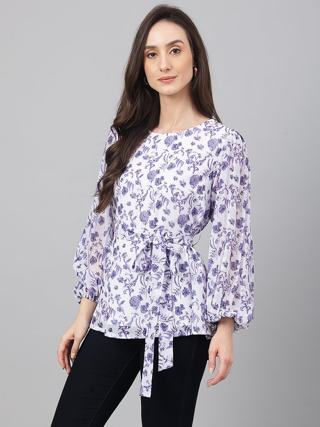 Janasya Women's White Georgette Floral Print Flared Top | Grocsy