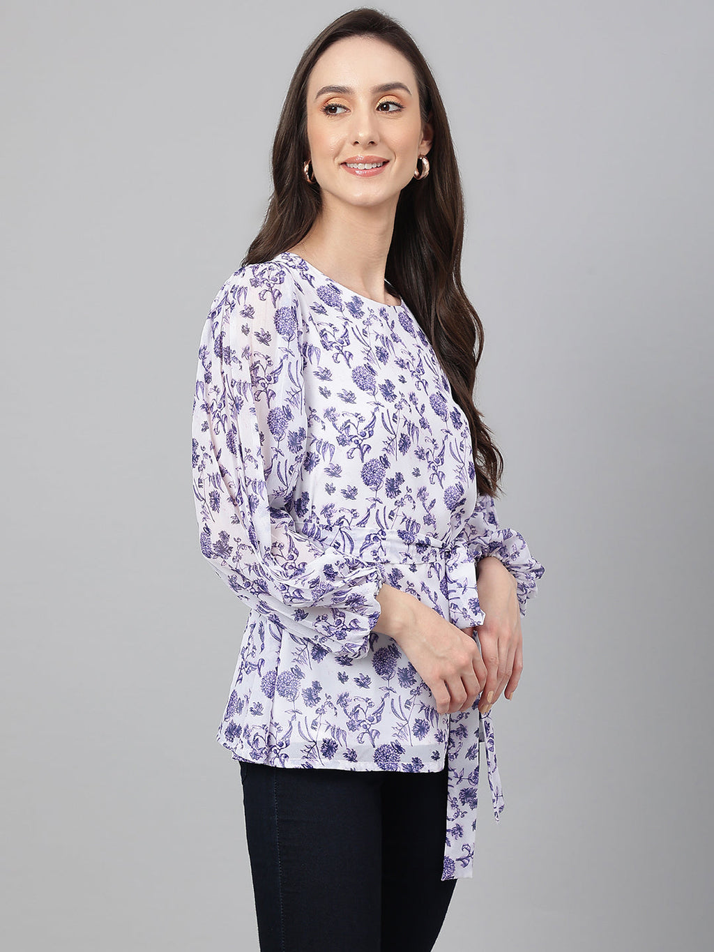 Janasya Women's White Georgette Floral Print Flared Top | Grocsy