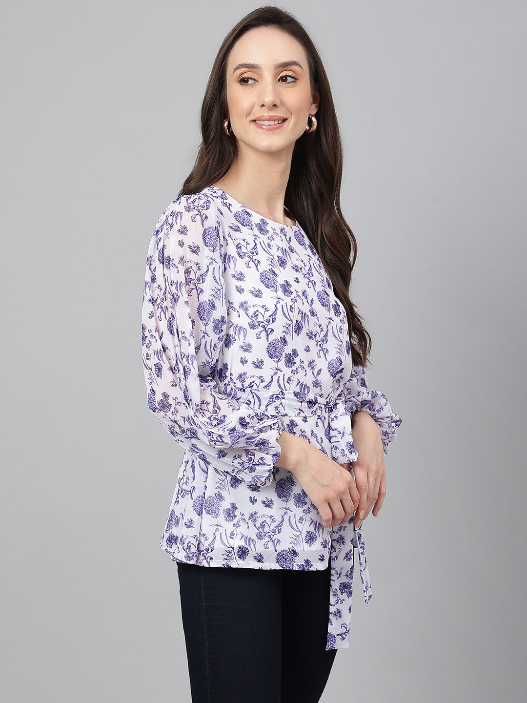 Janasya Women's White Georgette Floral Print Flared Top | Grocsy