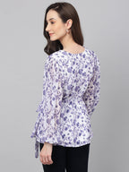 Janasya Women's White Georgette Floral Print Flared Top | Grocsy