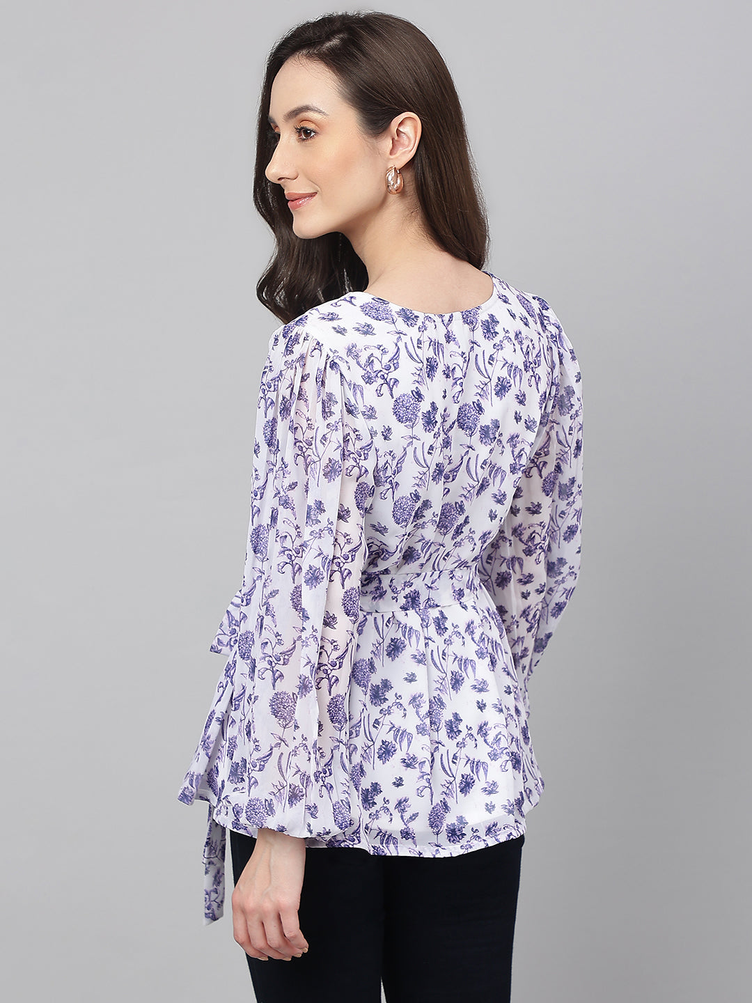 Janasya Women's White Georgette Floral Print Flared Top | Grocsy