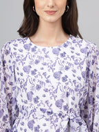 Janasya Women's White Georgette Floral Print Flared Top | Grocsy