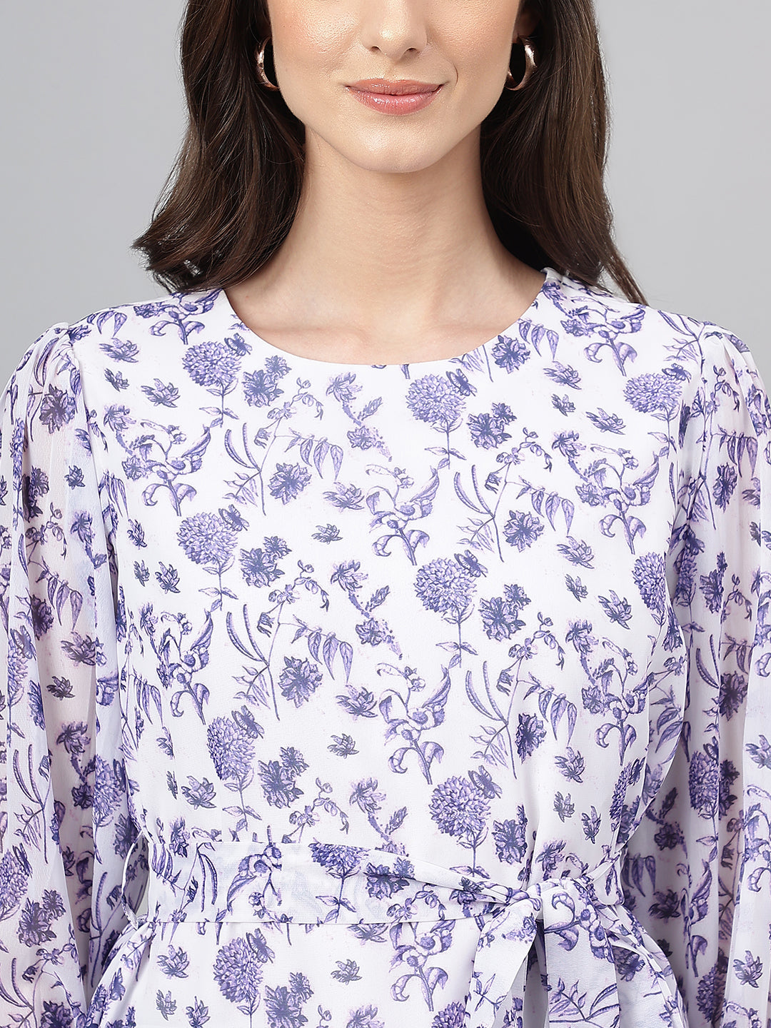 Janasya Women's White Georgette Floral Print Flared Top | Grocsy
