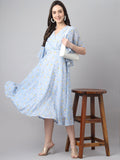 Janasya Women's Blue Georgette Floral Printed Flared Western Dress | Grocsy