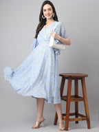 Janasya Women's Blue Georgette Floral Printed Flared Western Dress | Grocsy