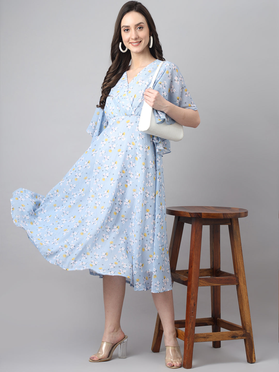 Janasya Women's Blue Georgette Floral Printed Flared Western Dress | Grocsy