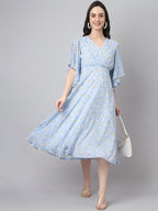 Janasya Women's Blue Georgette Floral Printed Flared Western Dress | Grocsy