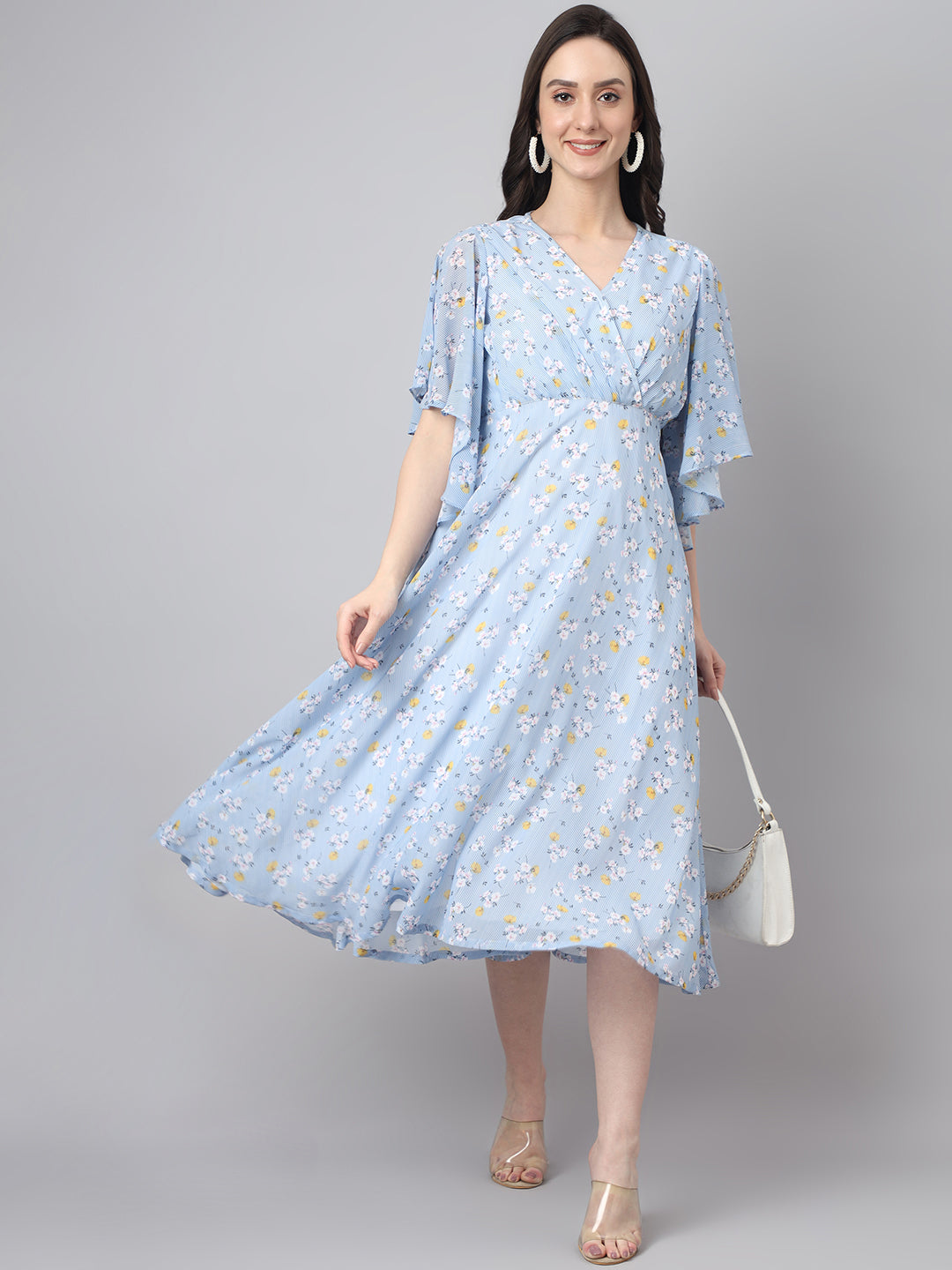 Janasya Women's Blue Georgette Floral Printed Flared Western Dress | Grocsy