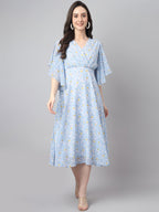 Janasya Women's Blue Georgette Floral Printed Flared Western Dress | Grocsy
