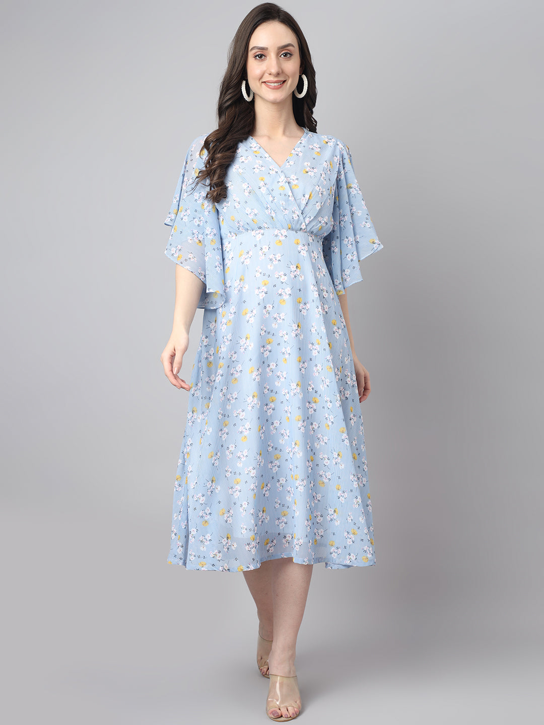 Janasya Women's Blue Georgette Floral Printed Flared Western Dress | Grocsy