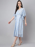 Janasya Women's Blue Georgette Floral Printed Flared Western Dress | Grocsy