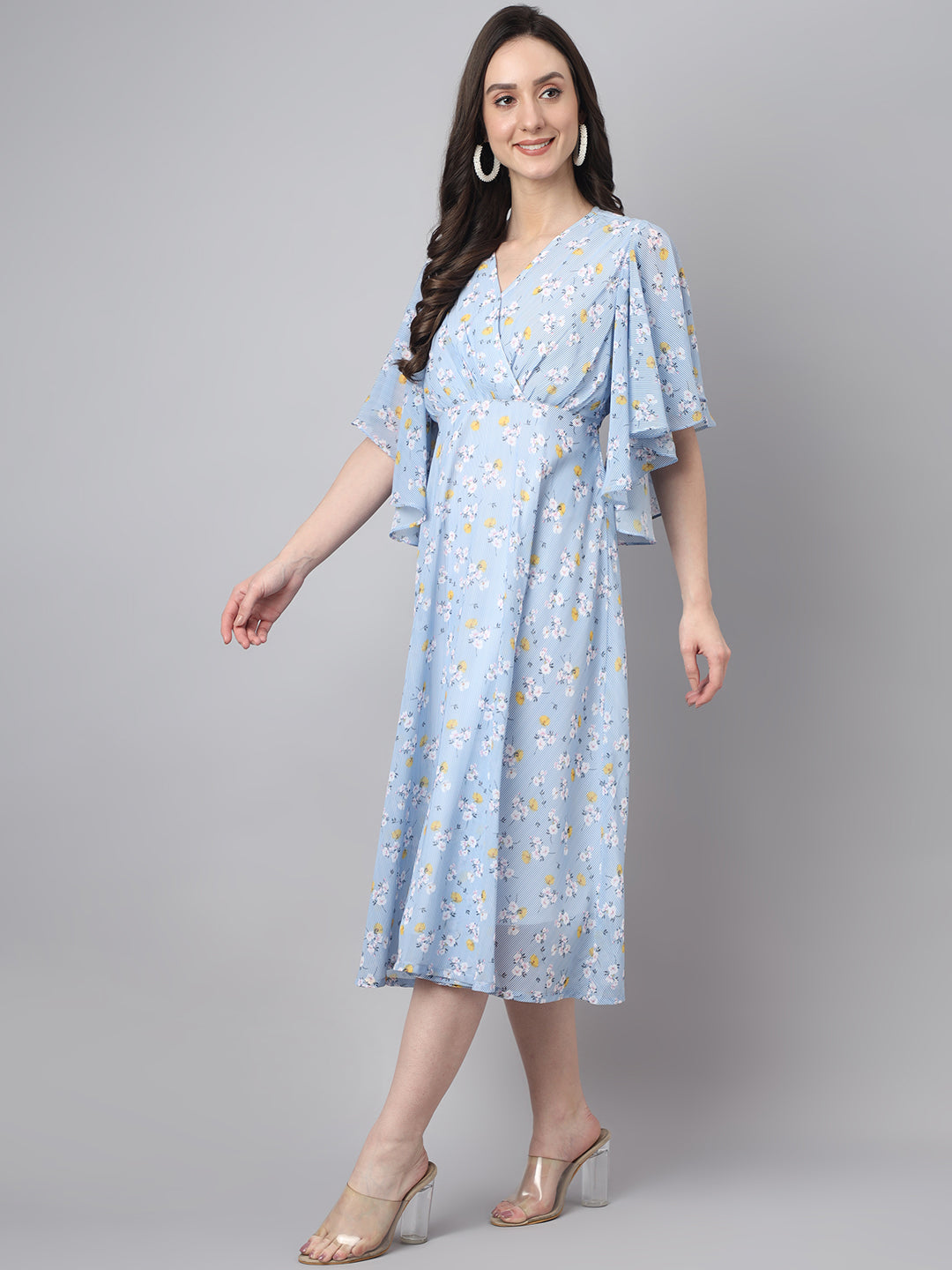Janasya Women's Blue Georgette Floral Printed Flared Western Dress | Grocsy