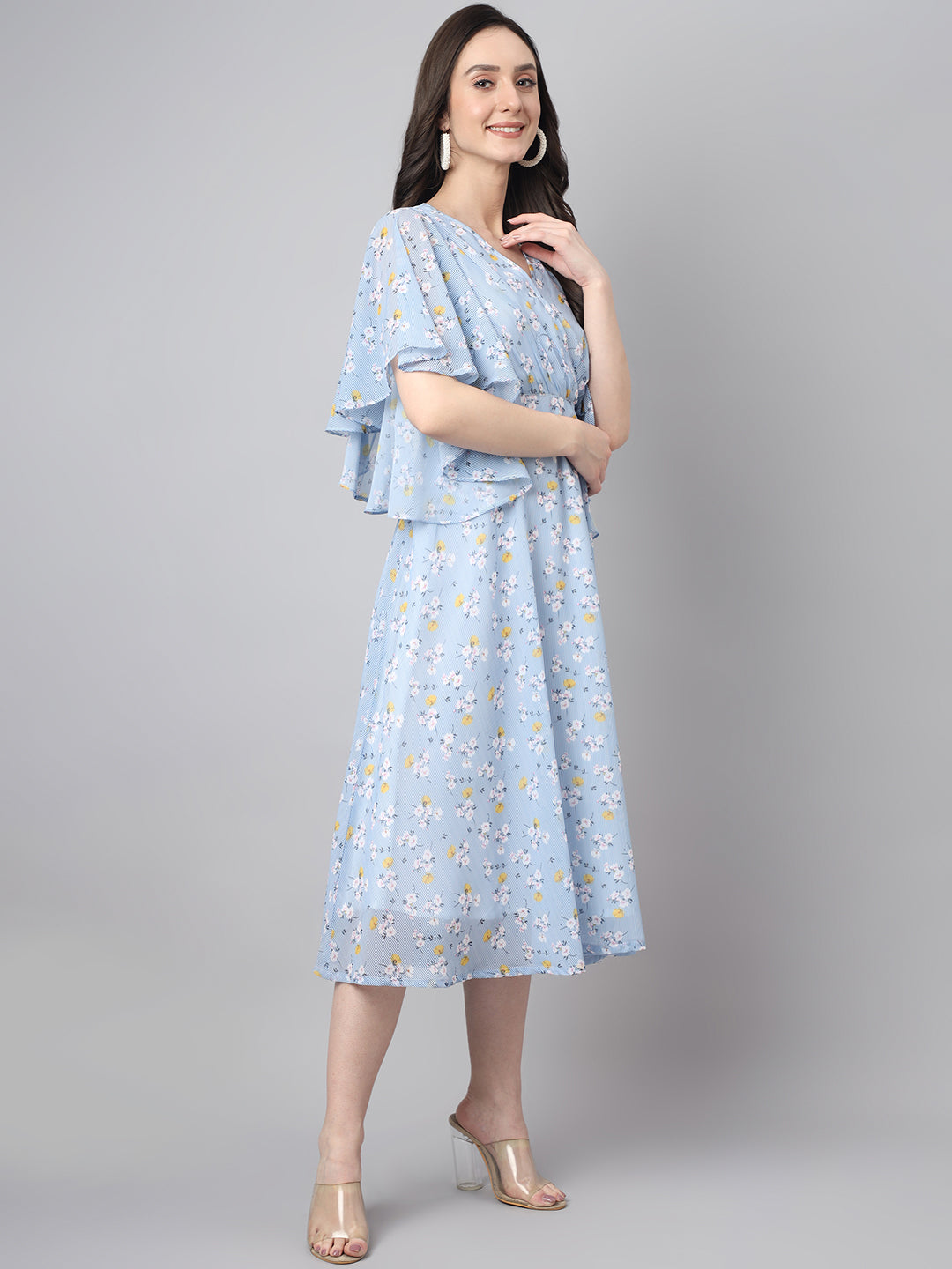 Janasya Women's Blue Georgette Floral Printed Flared Western Dress | Grocsy