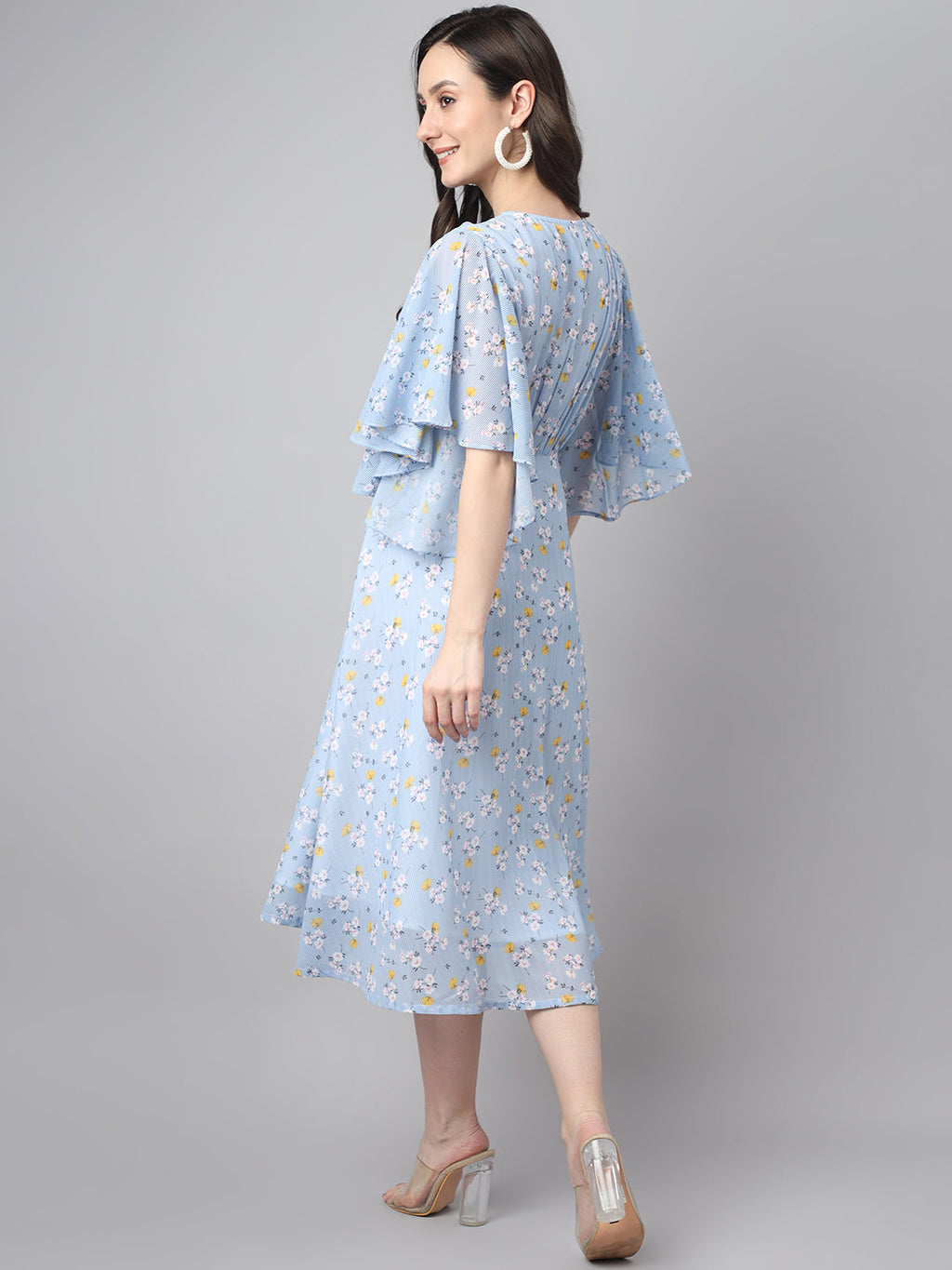 Janasya Women's Blue Georgette Floral Printed Flared Western Dress | Grocsy