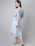 Janasya Women's Blue Georgette Floral Printed Flared Western Dress | Grocsy
