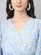 Janasya Women's Blue Georgette Floral Printed Flared Western Dress | Grocsy