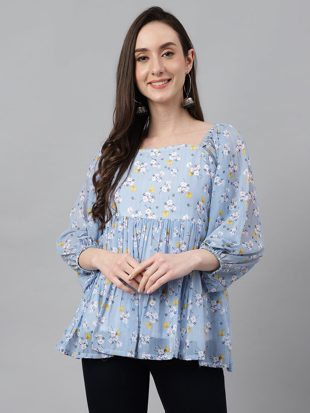 Janasya Women's Blue Georgette Floral Print Peplum Top | Grocsy