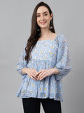 Janasya Women's Blue Georgette Floral Print Peplum Top | Grocsy