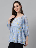 Janasya Women's Blue Georgette Floral Print Peplum Top | Grocsy