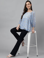 Janasya Women's Blue Georgette Floral Print Peplum Top | Grocsy