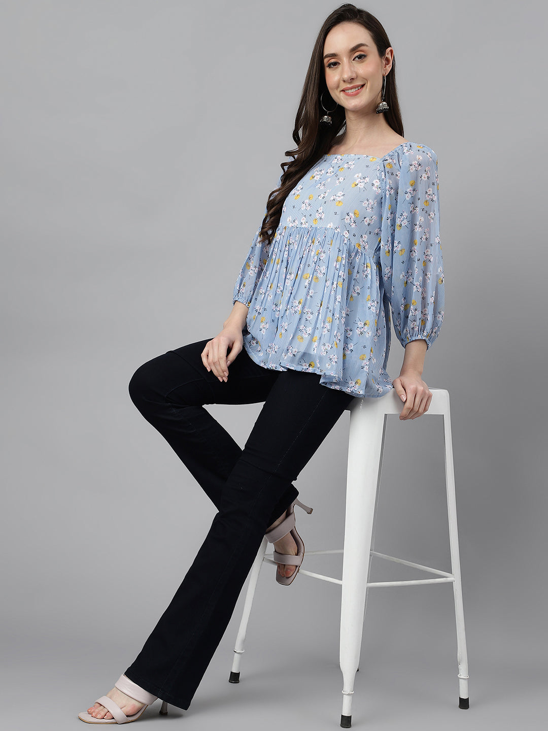 Janasya Women's Blue Georgette Floral Print Peplum Top | Grocsy