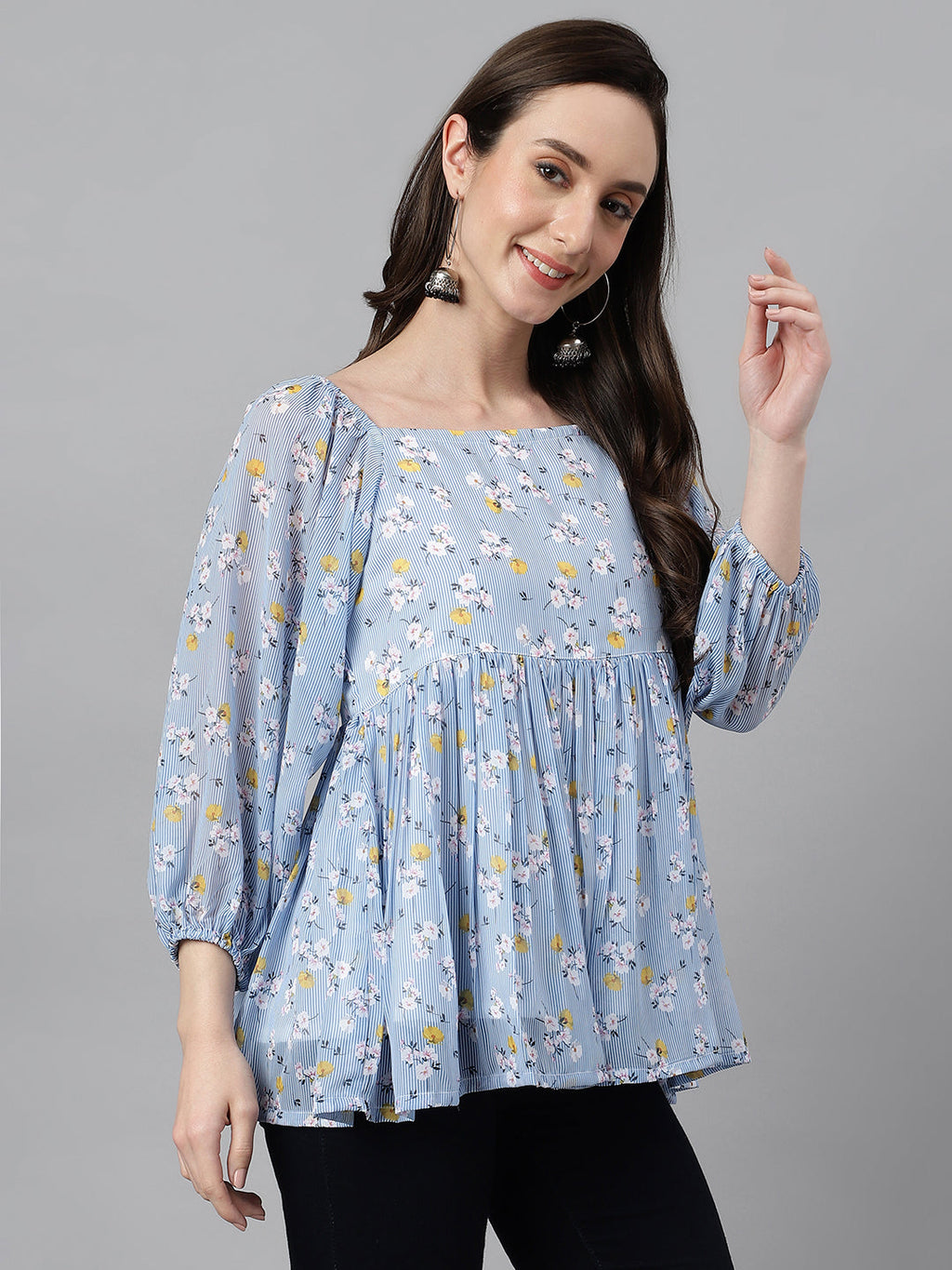Janasya Women's Blue Georgette Floral Print Peplum Top | Grocsy