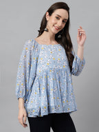 Janasya Women's Blue Georgette Floral Print Peplum Top | Grocsy