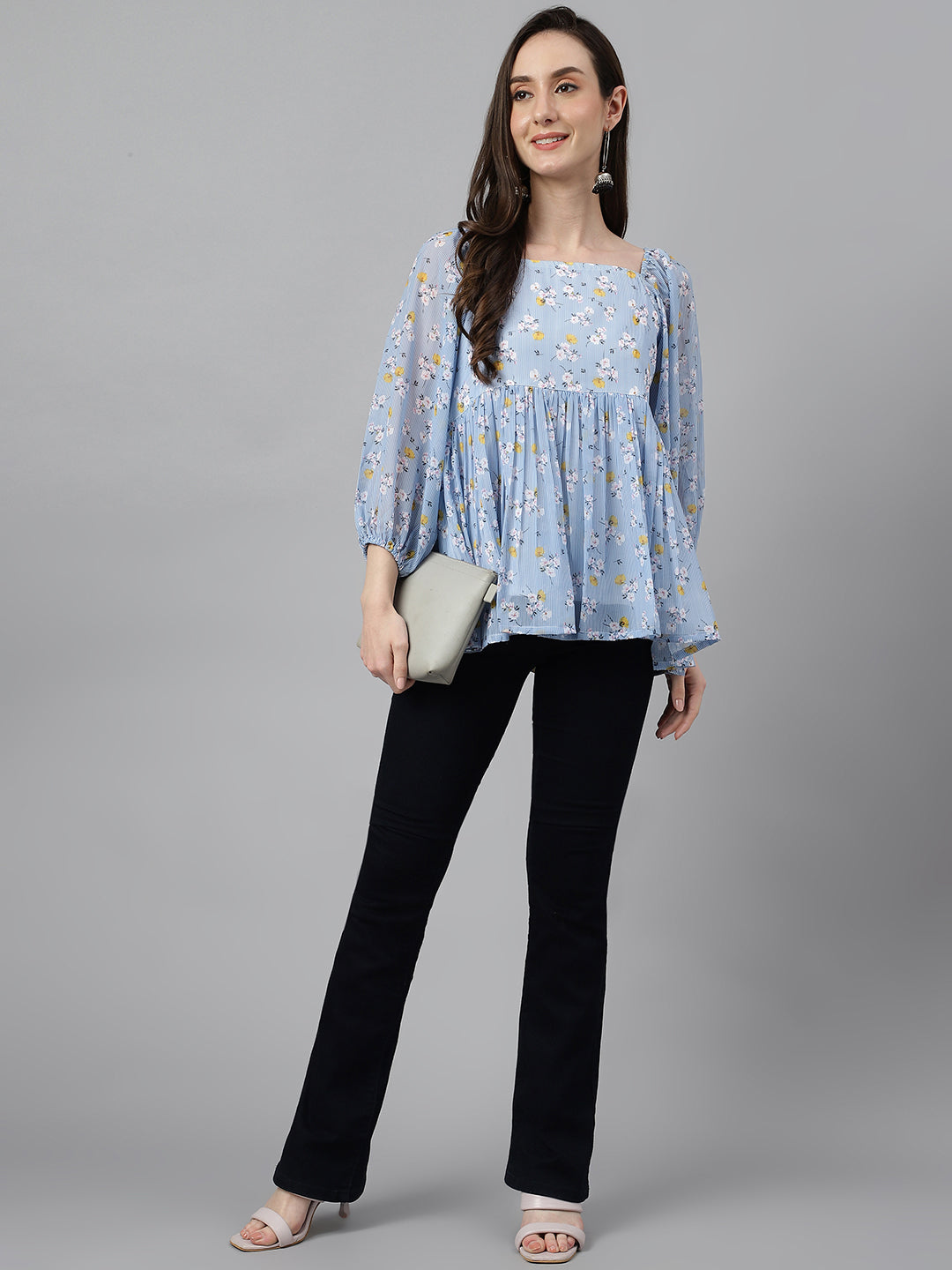 Janasya Women's Blue Georgette Floral Print Peplum Top | Grocsy