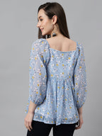 Janasya Women's Blue Georgette Floral Print Peplum Top | Grocsy