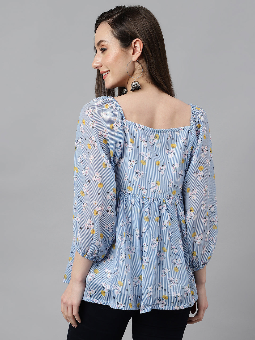Janasya Women's Blue Georgette Floral Print Peplum Top | Grocsy