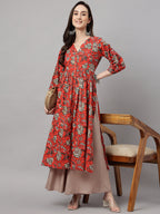 Janasya Women's Rust Orange Cotton Floral Printed Casual Gathered Kurta | Grocsy