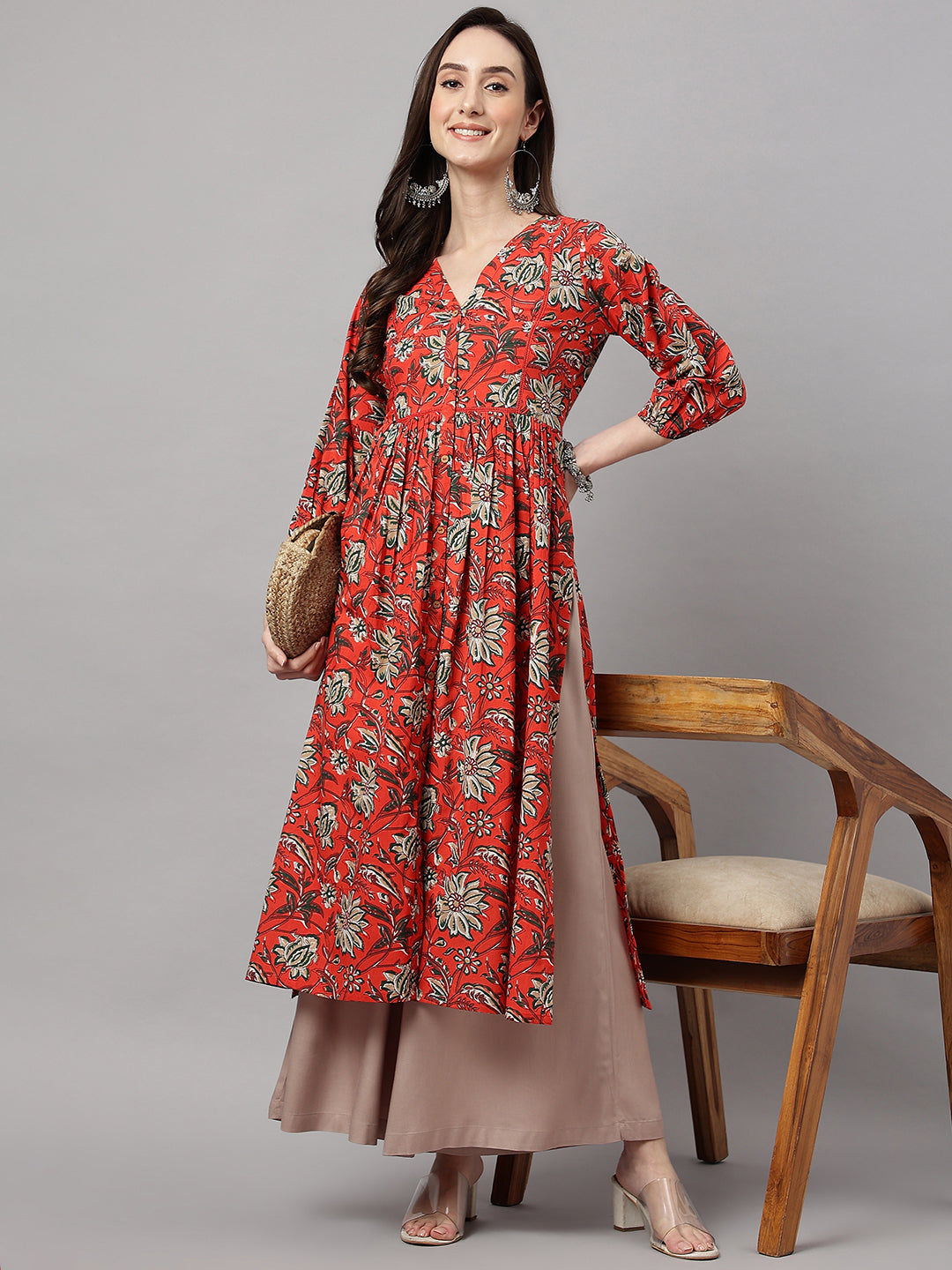 Janasya Women's Rust Orange Cotton Floral Printed Casual Gathered Kurta | Grocsy