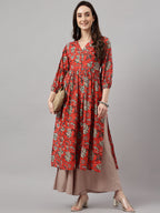 Janasya Women's Rust Orange Cotton Floral Printed Casual Gathered Kurta | Grocsy