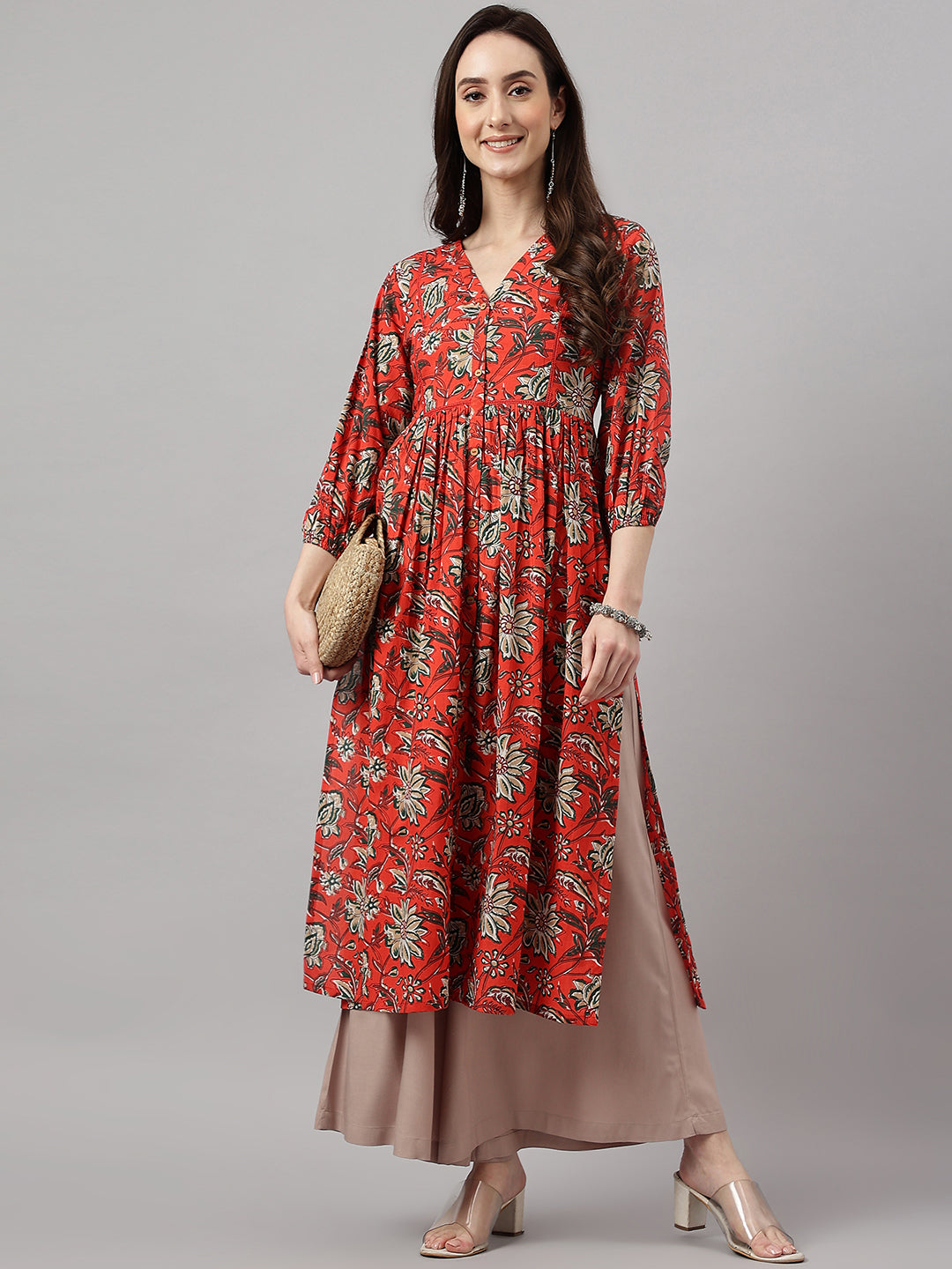 Janasya Women's Rust Orange Cotton Floral Printed Casual Gathered Kurta | Grocsy