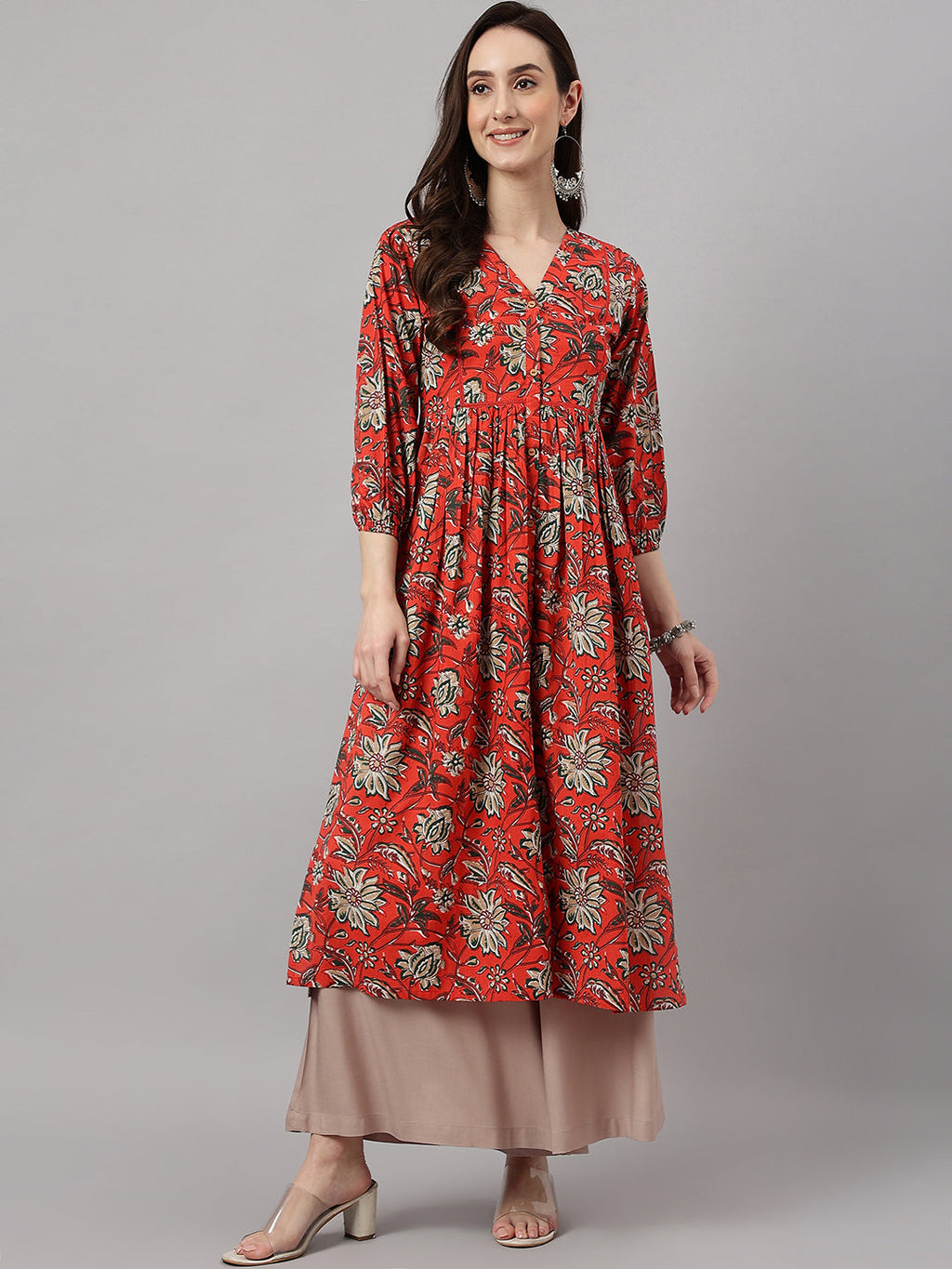 Janasya Women's Rust Orange Cotton Floral Printed Casual Gathered Kurta | Grocsy