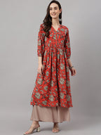 Janasya Women's Rust Orange Cotton Floral Printed Casual Gathered Kurta | Grocsy