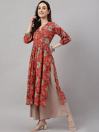 Janasya Women's Rust Orange Cotton Floral Printed Casual Gathered Kurta | Grocsy