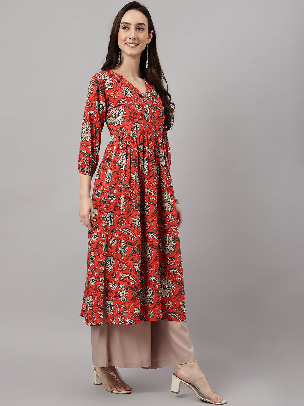 Janasya Women's Rust Orange Cotton Floral Printed Casual Gathered Kurta | Grocsy