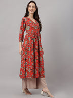 Janasya Women's Rust Orange Cotton Floral Printed Casual Gathered Kurta | Grocsy