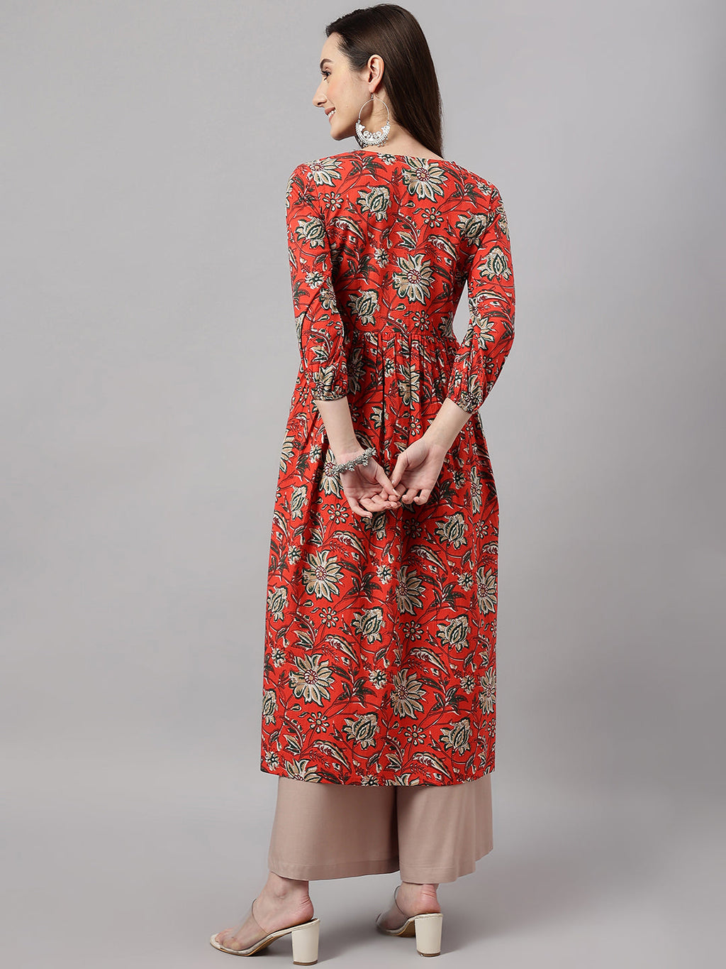 Janasya Women's Rust Orange Cotton Floral Printed Casual Gathered Kurta | Grocsy