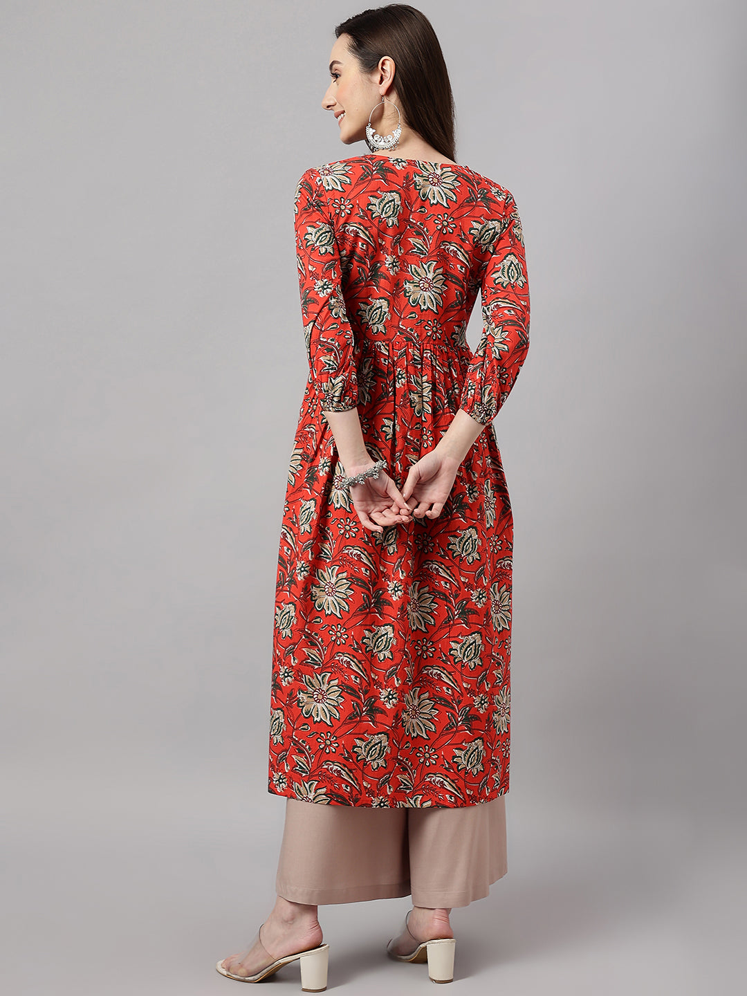 Janasya Women's Rust Orange Cotton Floral Printed Casual Gathered Kurta | Grocsy