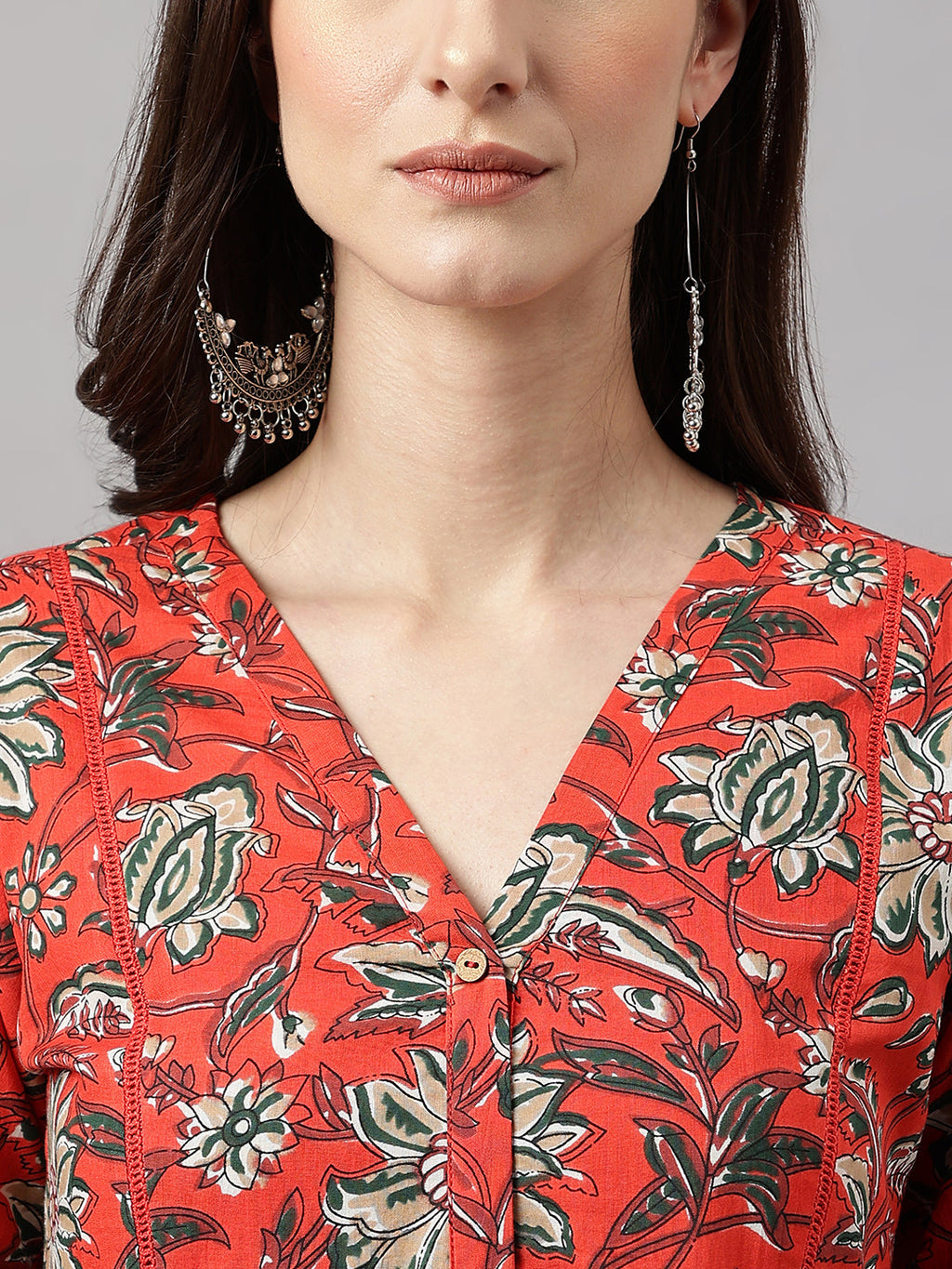 Janasya Women's Rust Orange Cotton Floral Printed Casual Gathered Kurta | Grocsy