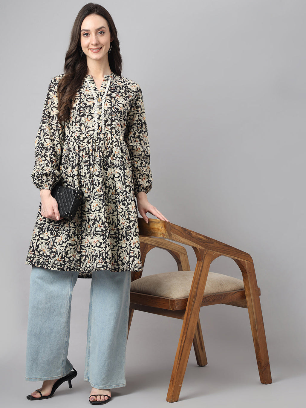 Janasya Women's Black Cotton Floral Print Casual Flared Tunic | Grocsy