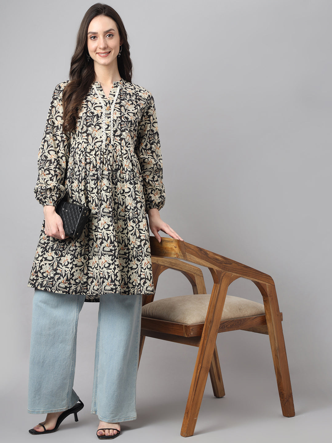 Janasya Women's Black Cotton Floral Print Casual Flared Tunic | Grocsy