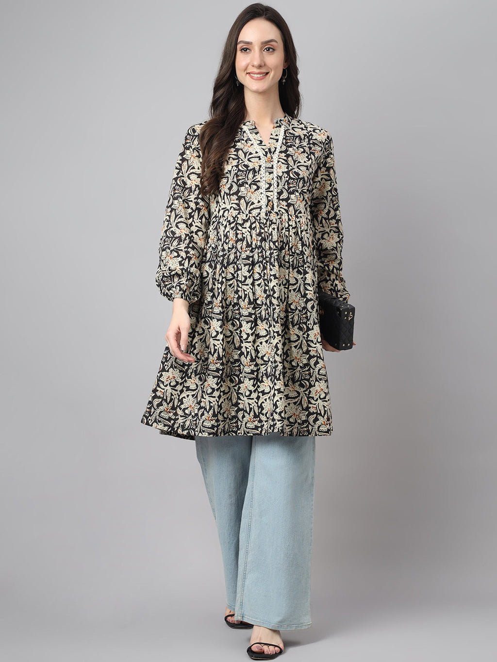 Janasya Women's Black Cotton Floral Print Casual Flared Tunic | Grocsy