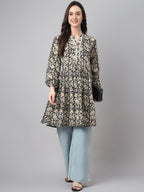 Janasya Women's Black Cotton Floral Print Casual Flared Tunic | Grocsy
