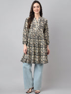Janasya Women's Black Cotton Floral Print Casual Flared Tunic | Grocsy