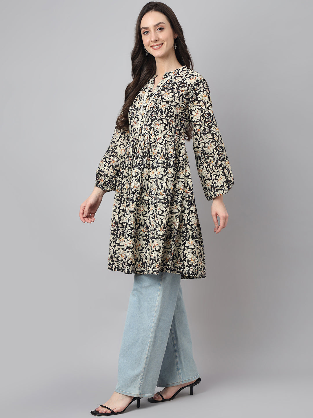 Janasya Women's Black Cotton Floral Print Casual Flared Tunic | Grocsy