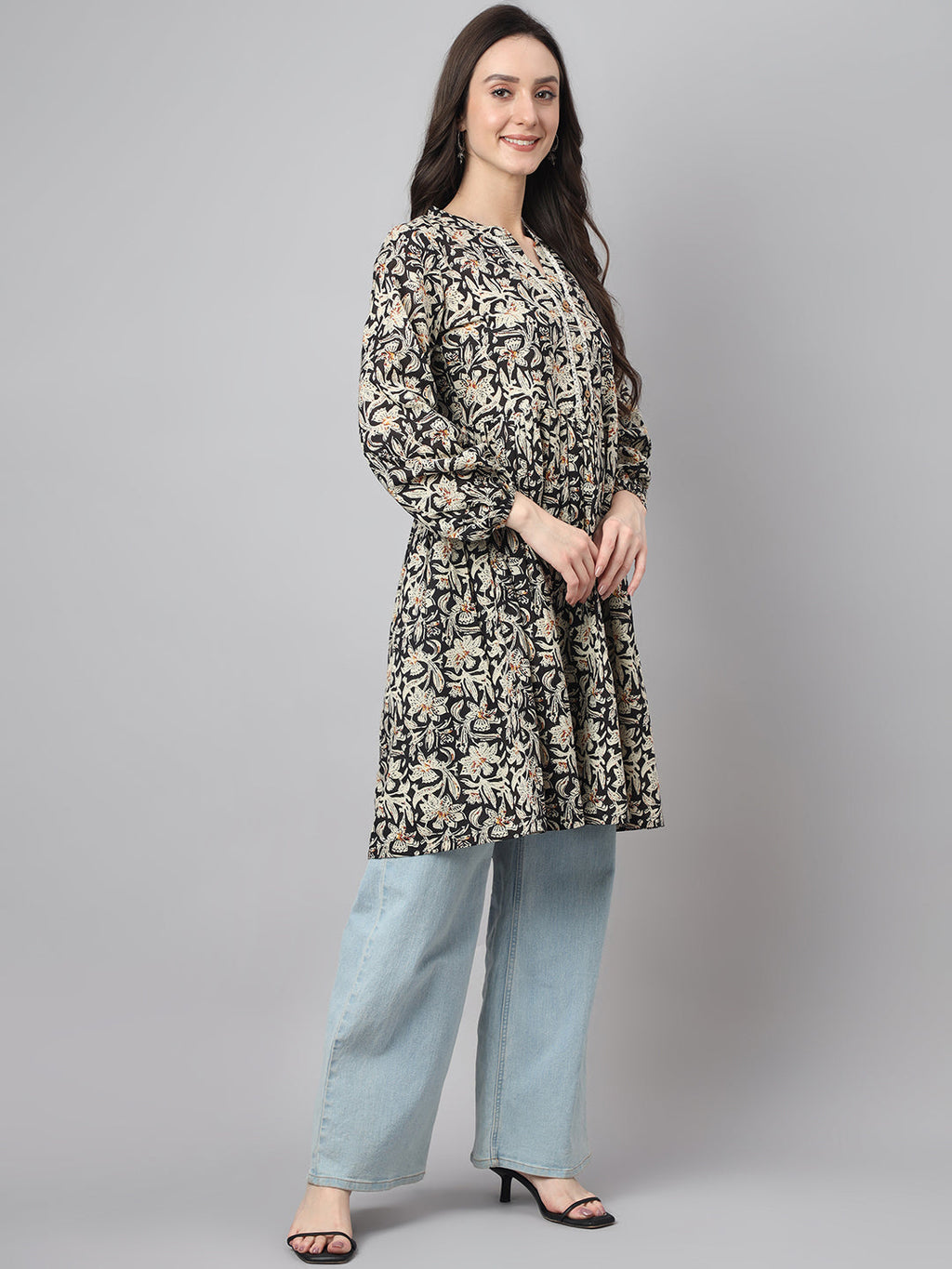 Janasya Women's Black Cotton Floral Print Casual Flared Tunic | Grocsy