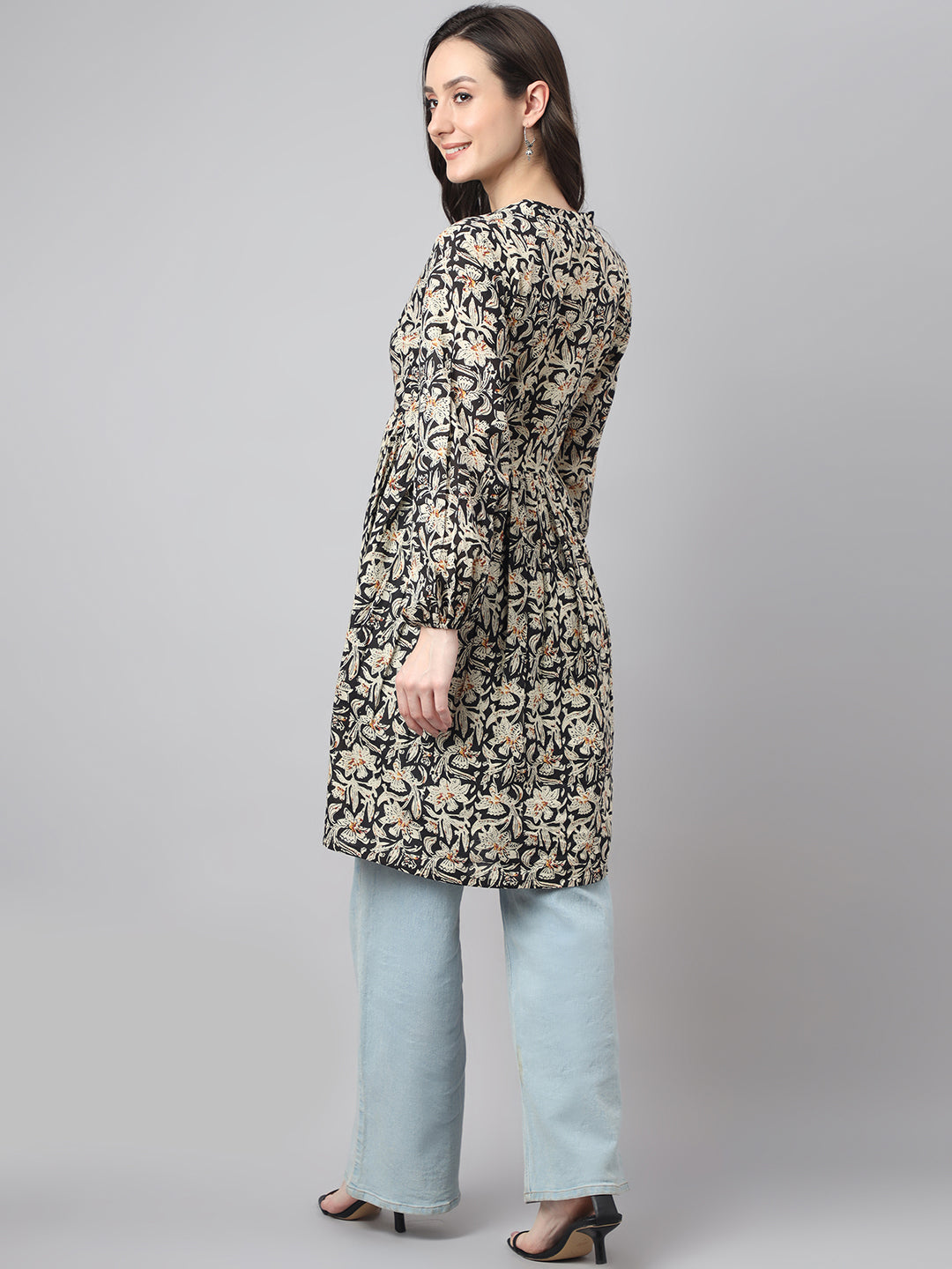 Janasya Women's Black Cotton Floral Print Casual Flared Tunic | Grocsy